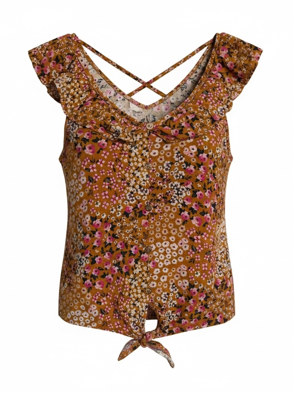 NoBo Floral Ruffle Tie Hem Cami Crisscross Back Size M